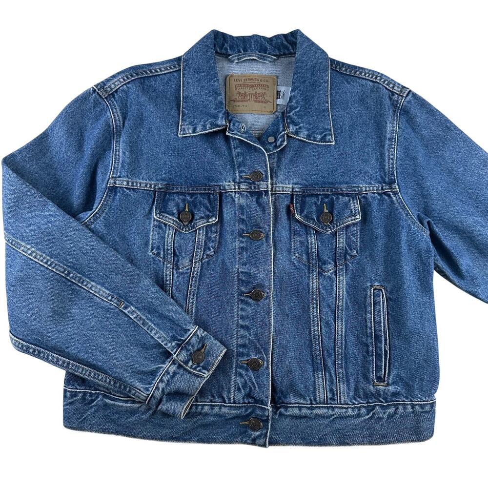 Vintage Levis Trucker Jacket Womens Large Denim‎ Cropped Y2K 2001 Biker Grunge